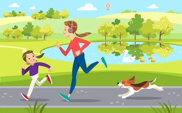 Madre e figlia Jogging con simpatico cane nel Parco, lungo il lago. Concetto maternità educazione dei figli. Illustrazione vettoriale . — Vettoriale Stock