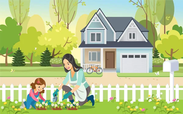 Γυναίκα και κορίτσι, μητέρα και κόρη, να φυτεύουν λουλούδια μαζί στον κήπο. Η έννοια της μητρότητας ανατροφή των παιδιών. Εικονογράφηση διανύσματος. — Διανυσματικό Αρχείο