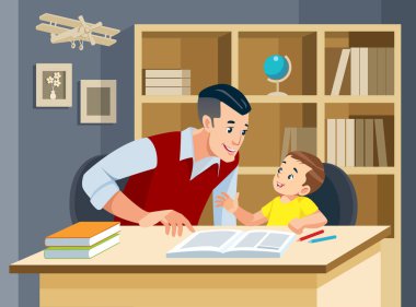 Baba oğluna ödevlerinde yardım ediyor ve gülümsüyor. Arkadaş canlısı aile kavramı. Vektör illüstrasyonu