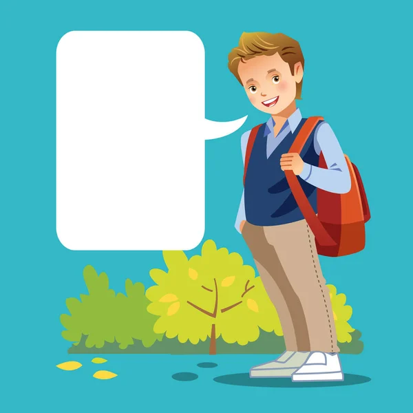 Un mignon garçon va à l'école. Carte de vœux avec une place sous le texte. Illustration vectorielle de dessin animé . — Image vectorielle