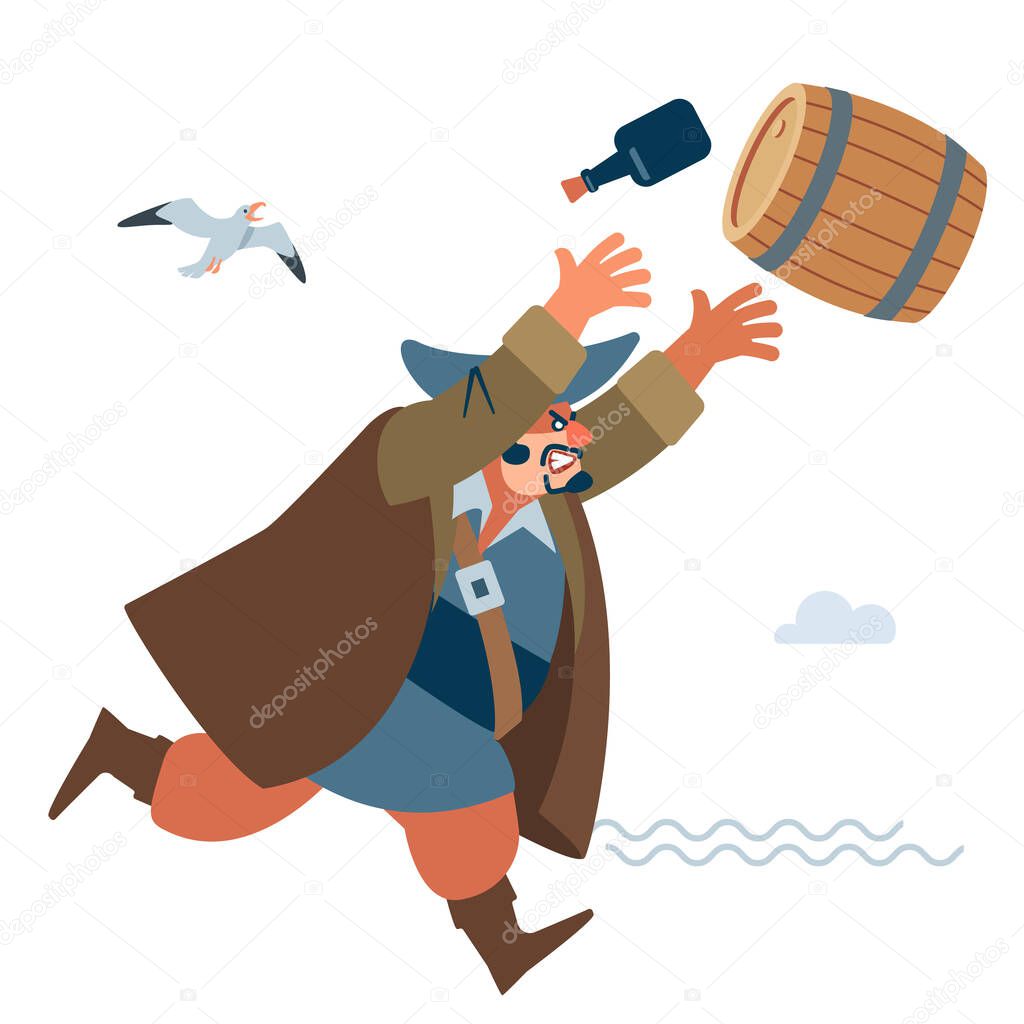 Angry big pirate throws the enemy a barrel of water. The character of the pirate. Vector illustration of flat cartoon on white background.