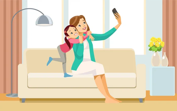 Selfie di famiglia. Bella ragazza della scuola e sua madre si stanno abbracciando, facendo selfie utilizzando uno smartphone e sorridendo mentre giocano a casa. Concetto maternità educazione dei figli. Illustrazione vettoriale . — Vettoriale Stock