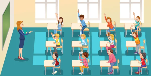 Education, elementary school, learning and people concept - group of school kids with teacher sitting in classroom and raising hands. — Stock vektor