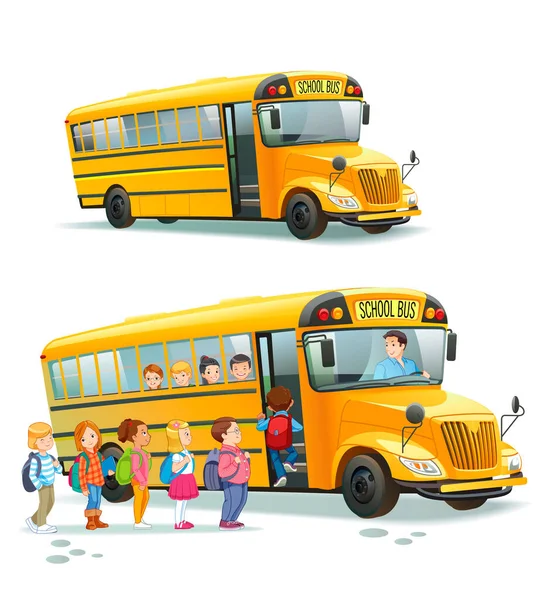 Bus scolaire. Les enfants montent en autobus scolaire.Étudiant ou élève en transport, transport et automobile. Illustration vectorielle . — Image vectorielle