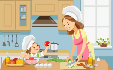 Anne ve kız evde birlikte sağlıklı yemekler hazırlıyorlar. Gelmiş geçmiş en iyi anne. Anne ve kızı birlikte yemek pişiriyorlar. Anne olmayı çocuk yetiştirmeyi kabul et. Vektör illüstrasyonu.
