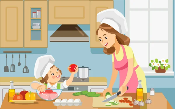 Mother and kid girl preparing healthy food at home together. Best mom ever. Mother and daughter cooking food together. Concept motherhood child-rearing. Vector illustration. — Stock Vector