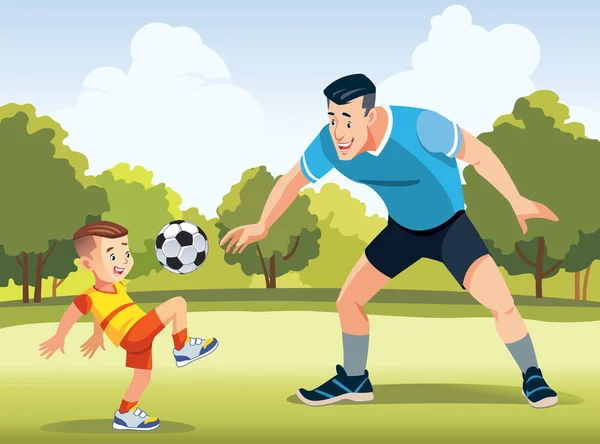 幼い息子を持つ父親は当時サッカーのピッチでサッカーをしていた。友好的な家族の概念。幸せな父親の日。ベクターイラスト. — ストックベクタ