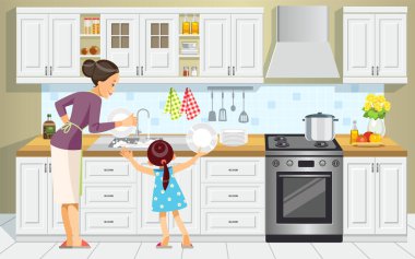 Anne ve kızı bulaşıkları yıkıyor. Kız, aile mutfağında annesinin bulaşık yıkamasına yardım ediyor. Anneler Günü. En iyi anne. Anne olmayı çocuk yetiştirmeyi kabul et. Vektör çizgi film biçimi illüstrasyonu