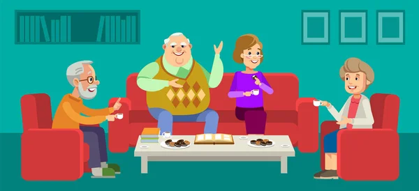Casal de idosos desfrutando de conversa com os convidados sobre uma xícara de café em casa. Feliz dia dos avós. Casais mais velhos curtindo o tempo juntos. Ilustração vetorial em estilo plano — Vetor de Stock
