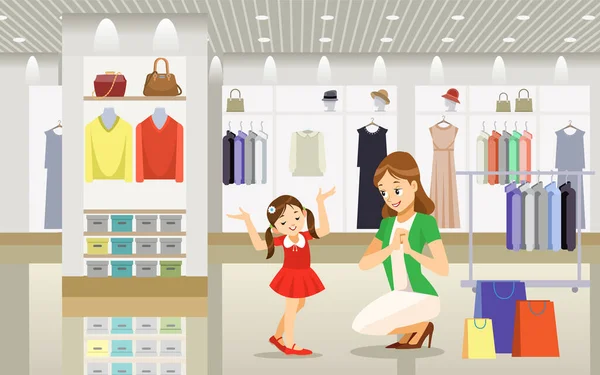 Compras de mãe e filha. Dia das compras. Mulher e menina escolhendo e experimentando roupas durante as compras no supermercado de vestuário. Conceito criação de filhos para a maternidade. Ilustração vetorial . — Vetor de Stock