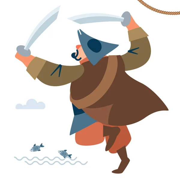 中世の戦士。海賊の大規模な攻撃。後ろの景色。海賊の性格。白を背景にしたフラット漫画のベクトルイラスト. — ストックベクタ
