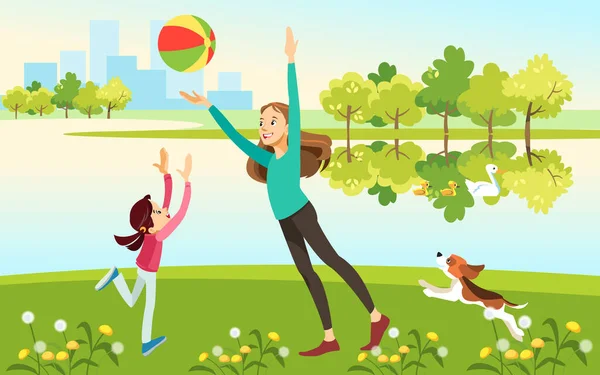 Mamma och dotter med en hund som spelar boll vid sjön i parken. Begreppet moderskap, uppfostran av barnet. Vektor illustration tecknad stil. — Stock vektor