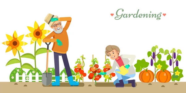 Äldre människor livsstil vektor platt illustration trädgårdsskötsel och njutning. Morfar och mormor i trädgården. Vit isolerad bakgrund. — Stock vektor