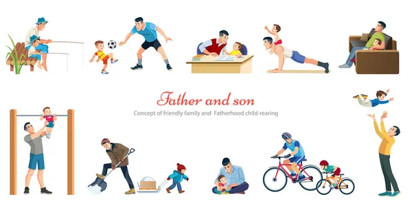 Ojcostwo wychowanie dzieci bawiąc wędkarstwo z dziećmi retro kreskówki ikony banery zestaw izolowane wektor ilustracja. — Wektor stockowy