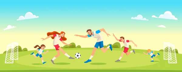 Η οικογένεια παίζει ποδόσφαιρο στο πάρκο μαζί. Έννοια Γονική ανατροφή των παιδιών. Εικονογράφηση διανύσματος. — Διανυσματικό Αρχείο