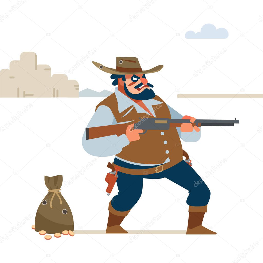 Wild west. Cowboy Gunfight. Cartoon vector illustration. Flat style. Isolated on white background