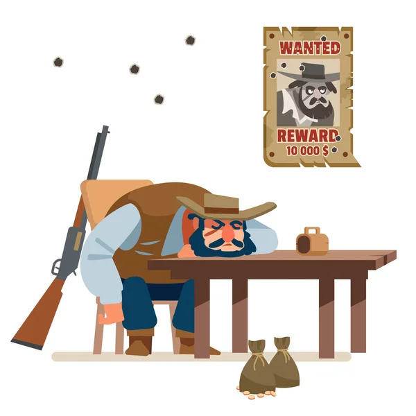 El bandido buscado derrotó a todos y se quedó dormido borracho en un bar de vaqueros. El salvaje oeste. Ilustración vectorial de dibujos animados. Estilo plano. Aislado sobre fondo blanco — Vector de stock