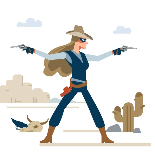 Vaquera occidental con dos revólveres en un tiroteo. Ilustración vectorial de dibujos animados. Estilo plano. Aislado sobre fondo blanco — Vector de stock