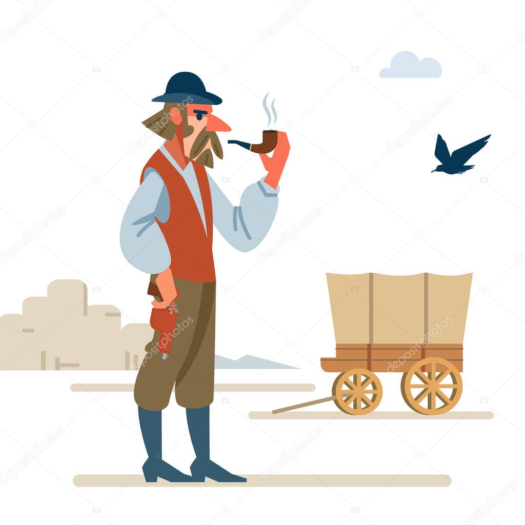 The leader of a cowboy gang of murderers is making plans in a Bank robbery and Smoking a pipe with tobacco. wild West. Cartoon vector illustration. Flat style. Isolated on white background