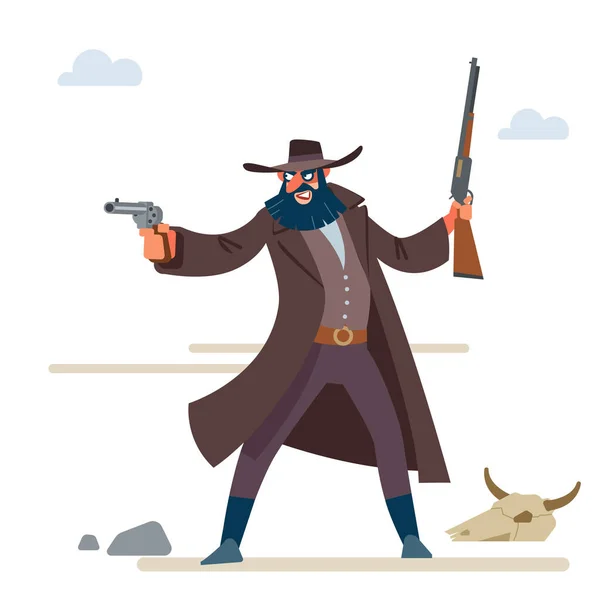 The character is a cruel bandit with a dark beard in a long raincoat, with a revolver and a rifle. Cartoon vector illustration. Flat style. Isolated on white background — Stock Vector