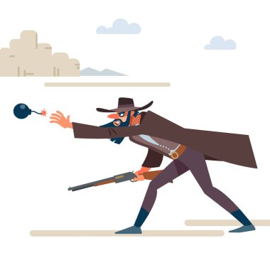 Tüfekli bir kovboy bomba atıyor. Eski Vahşi Batı. Çizgi film vektör çizimi. Düz stil. Beyaz arkaplanda izole