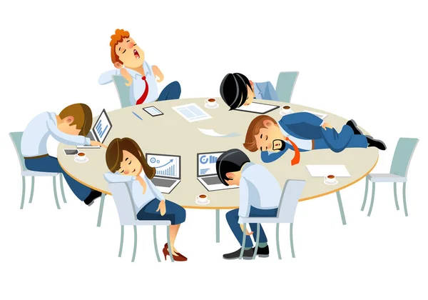 Уставшие бизнесмены, корпоративные сотрудники, спящие за столом в офисе. Векторная иллюстрация в стиле мультфильма на белом фоне . — стоковый вектор