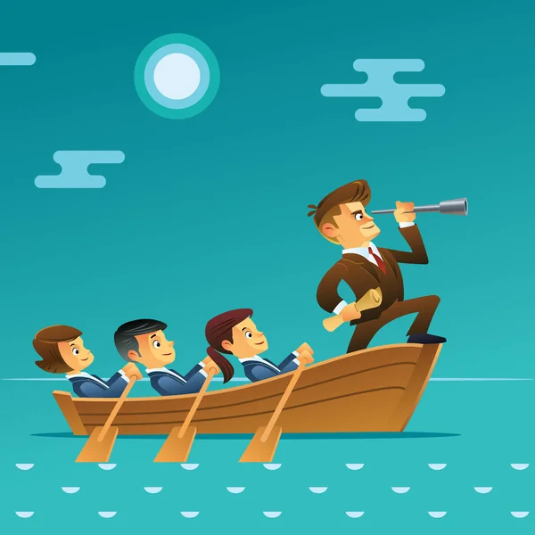 Concepto de trabajo en equipo. Empresario con spyglass líder equipo de negocios navegando en barco en el océano. Dibujos animados estilo vector ilustración . — Vector de stock