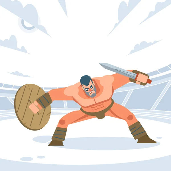 Antiguo guerrero o Gladiador en la postura antes del ataque a la arena. Estilo de diseño plano aislado vectorial — Vector de stock