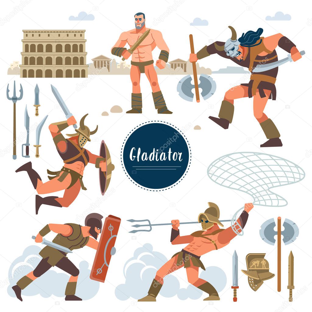 The Gladiator. Set in ancient Rome illustration historic gladiator, warriors flat characters. Warriors, sword, armor shield, arena, Colosseum. Flat style.