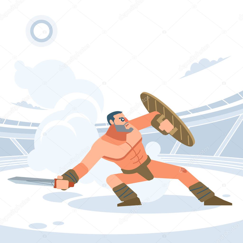 Gladiator. The warrior is in a pose of protection. Vector isolated flat design style