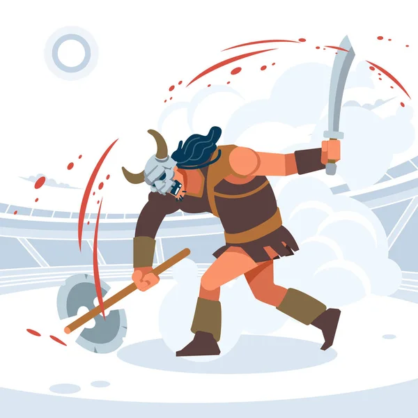 Blod och sand, titanernas strid. En stor aggressiv Gladiator attack. Vektor isolerad illustration. Platt tecknad stil — Stock vektor