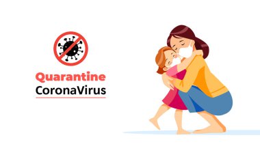 Coronavirus. Karantina Enfeksiyon Yok ve Coronavirüs Kavramlarını Durdur. Anne ve çocuk kendi kendilerini karantinaya aldılar. Koruyucu maskeli aile koronavirüsü. Tecritteki normal hayat