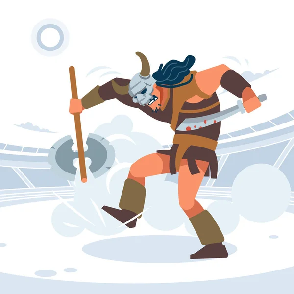 Gladiadores romanos peleando. Un gran guerrero en un casco con cuernos pisoteando a sus enemigos. Ilustración vectorial aislada. Estilo de dibujos animados plana — Vector de stock