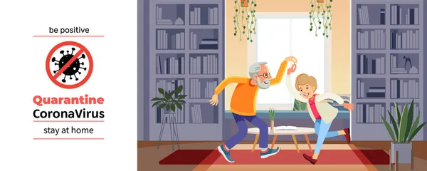 Coronavirus Covid-19, cartel motivacional de cuarentena. Hermosa pareja de ancianos está bailando y sonriendo durante la crisis de coronavirus. Sea positivo y quedarse en casa cotización ilustración vector de dibujos animados — Archivo Imágenes Vectoriales