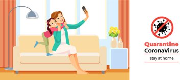 Coronavirus Covid-19, karantina motivasyon posteri. Güzel liseli kız ve annesi Coronavirus krizi sırasında evde selfie çekiyorlar. Çizgi film vektör illüstrasyonundan alıntı yapma.