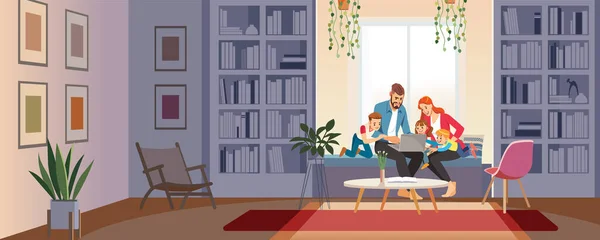 Home schooling concept. Family at home with tutor or parent getting education at home. Big family conversation via video conference in home library looking at laptop. Cartoon vector illustration — Stock Vector
