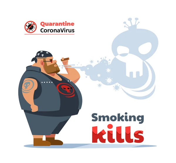 Poster bahaya merokok. Coronavirus. Biker pria selama COVID-19 pandemic batuk dan merokok di jalan. Merokok menyebabkan kanker paru-paru dan penyakit lainnya. Ilustrasi vektor kartun. - Stok Vektor