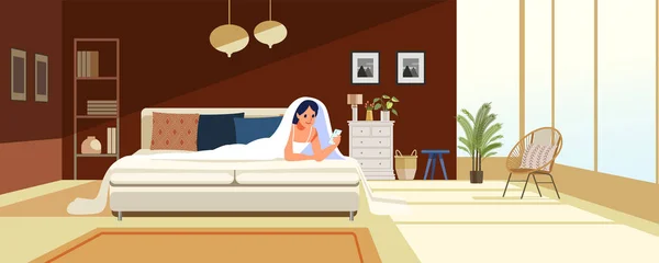 Giovane donna in chat con il suo telefono sul divano. Rimango a casa campagna di social media per la prevenzione del coronavirus in camera da letto durante la crisi coronavirus. Resta a casa. Illustrazione vettoriale cartone animato — Vettoriale Stock