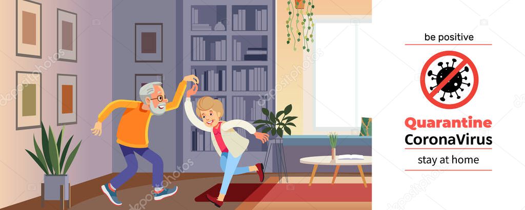 Beautiful senior couple is dancing and smiling during coronavirus crisis. Covid-19 or Coronavirus. Quarantine. Stay at home concept. Cartoon vector illustration