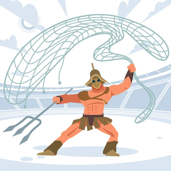 Gladiateur guerrier retiarius dans l'arène avec une grille et un Trident. Vue de face. Illustration vectorielle isolée. Style de dessin animé plat — Image vectorielle