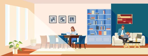 Work at home concept. Freelance female mother with a laptop sitting on a chair. A father and child watch a laptop in a cozy home interior. Cute illustration in a cartoon flat style — Stock Vector