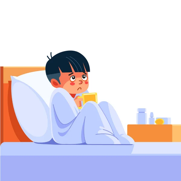 Sick child with seasonal infections, flu, allergy lying in bed. Sick boy covered with a blanket lying in bed with high fever and a flu, resting. Coronavirus. Quarantine. Cartoon vector illustration.