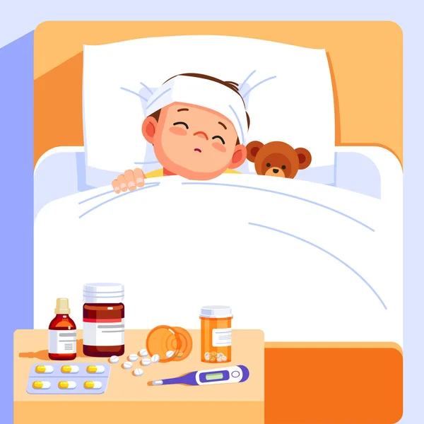 Zieke jongen slaapt in bed met een teddybeer en voelt zich zo slecht met koorts. Cartoon vector illustratie. — Stockvector