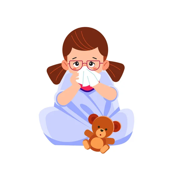 Menina doente sentada na cama com urso de brinquedo e soprando o nariz, se sentir tão mal com febre. Desenhos animados ilustração vetorial —  Vetores de Stock