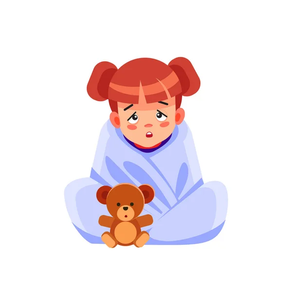 Больной ребенок с сезонными инфекциями, гриппом, аллергией лежит в постели. Больной девушкой, покрытой одеялом, лежащей в постели с высокой температурой и гриппом, отдыхающей. Коронавирус. Карантин. Мультфильм-векторная иллюстрация . — стоковый вектор