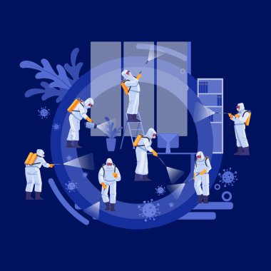 Disinfection Services and Deep Cleaning concept. Coronavirus, pandemic. Group Of Janitors In Uniform Cleaning and decontamination to curb infection covid-19. Vector illustration clipart