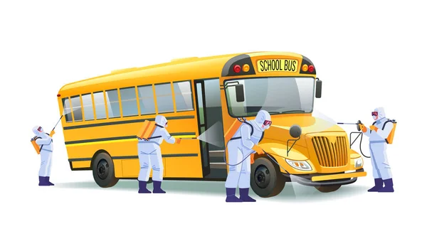 Coronavirus disinfection. Quarantine in school, empty yellow school bus without children. Hazmat team in protective suits decontamination school bus during virus outbreak. Cartoon vector illustration — Stock Vector