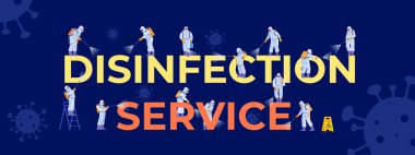 Coronavirus dezenfeksiyon servisi. Virüs korumalı giysiler ve maske takan insanlar. Temizlik şirketi personeli farklı pozlar veriyor, web sayfası, sosyal medya, posterler için. Çizgi film vektör illüstrasyonu