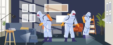 Coronavirus ya da COVID-19 salgınını önlemek için iş yerinde Coronavirus 'u dezenfekte etmek. Çizgi film, düz stil Vektör İllüstrasyonu