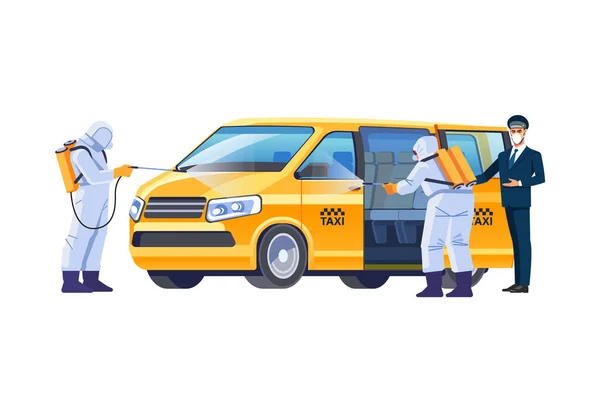 Egy védő maszkos taxisofőr arra kéri az utasokat, hogy üljenek egy tágas, tiszta kisbuszban. Covid-19 vagy védelem a koronavírus világjárvány ellen. A kocsi fertőtlenítése. Rajzfilm vektor illusztráció — Stock Vector